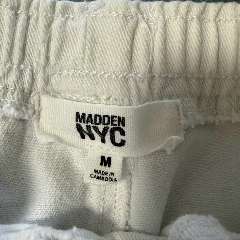 Madden NYC White Denim Wide Leg Cargo Drawstring Elastic Waist Jeans - Med